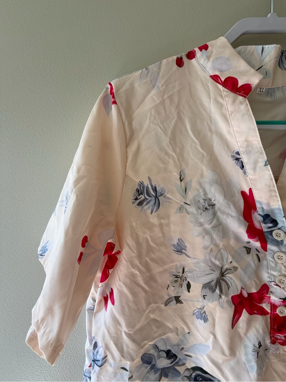 Cream Blouse with Buttons, Red and Blue Floral Print - Picture 2 of 7